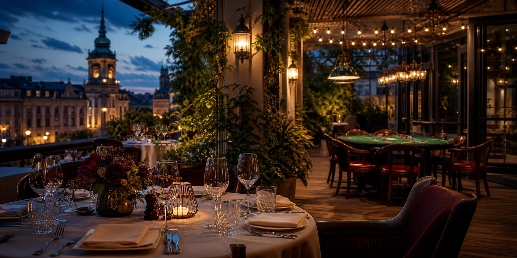Elegancki taras restauracji Culinary Patio wieczorem, z nakrytym stołem, kieliszkami wina i delikatnie oświetlonym stołem pokerowym w tle.