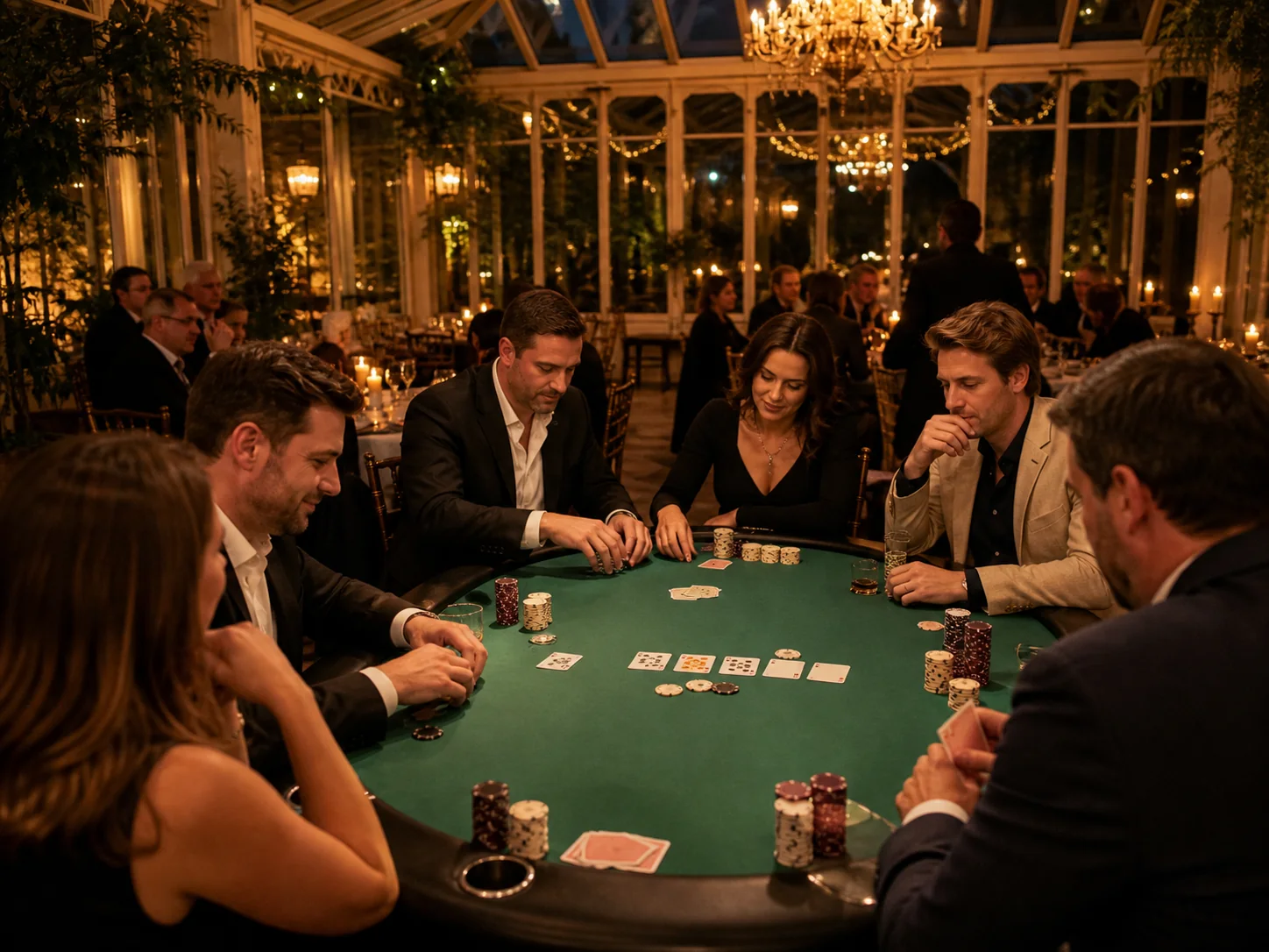 Elegancki stół pokerowy na patio Culinary Patio z kartami i żetonami, oświetlony ciepłym światłem